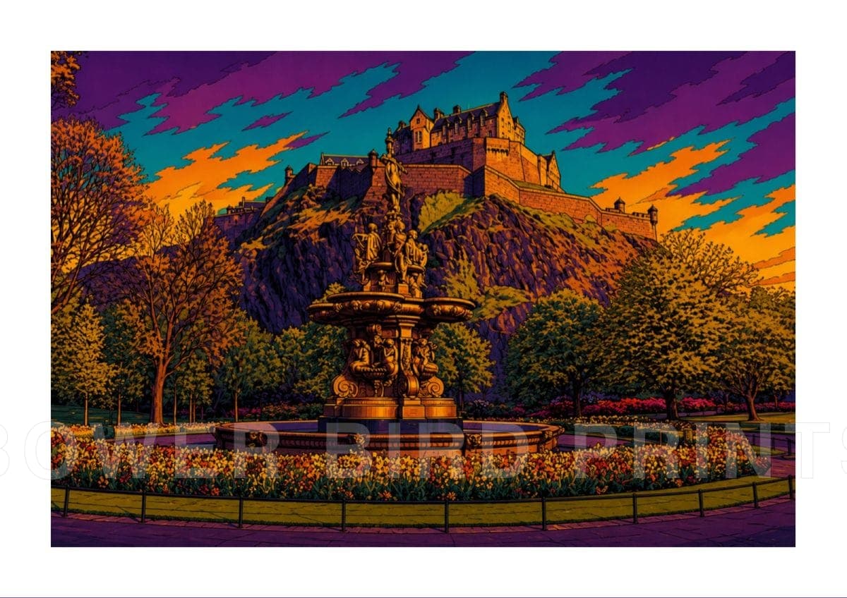 Edinburgh Castle Edinburgh graphic art print in violet, orange and teal